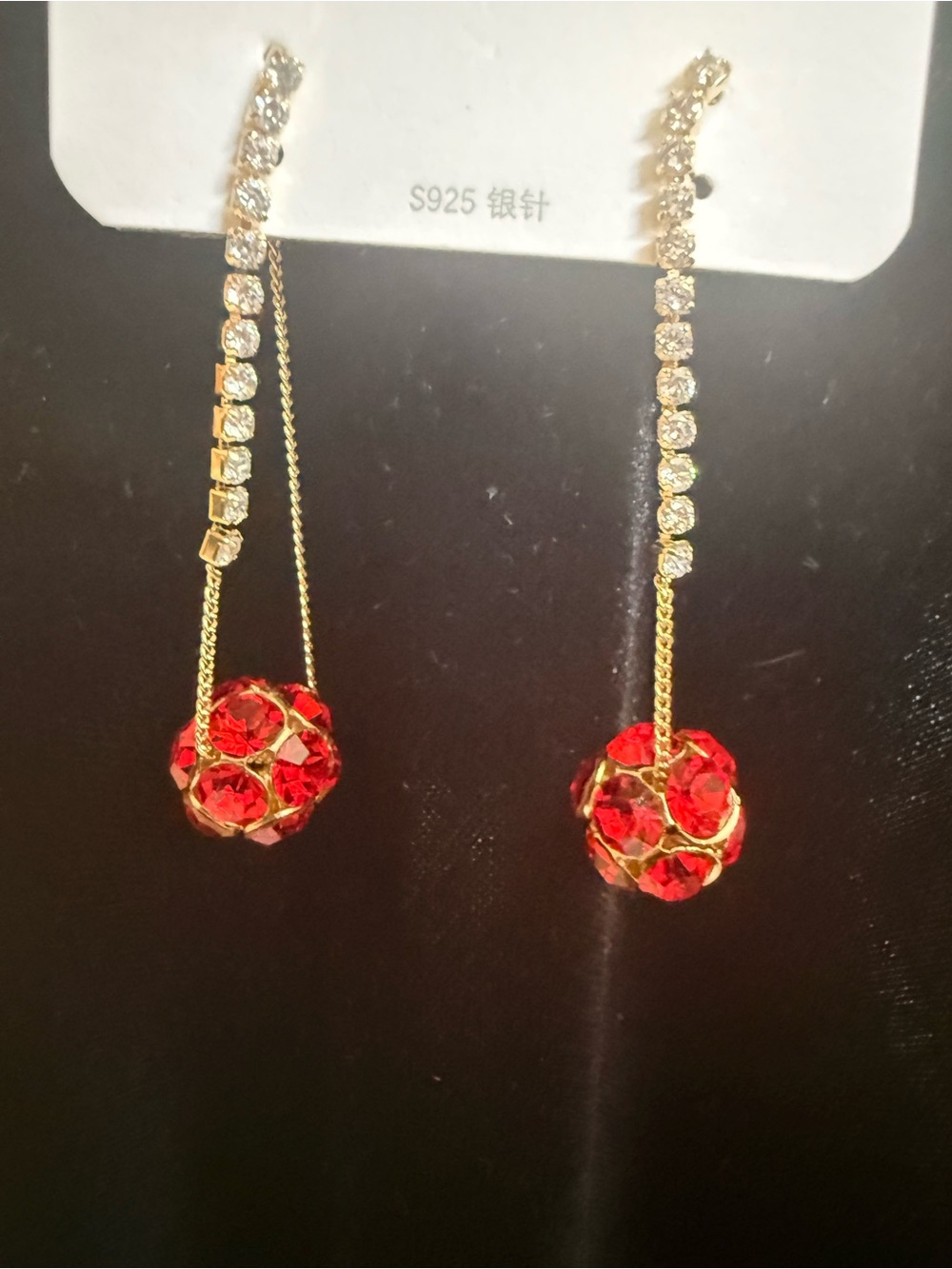 Gold Drop Earrings with Red Crystal Spheres 925 post
